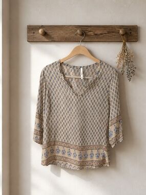 Trinity Beige Blouse with Blue Floral Motif